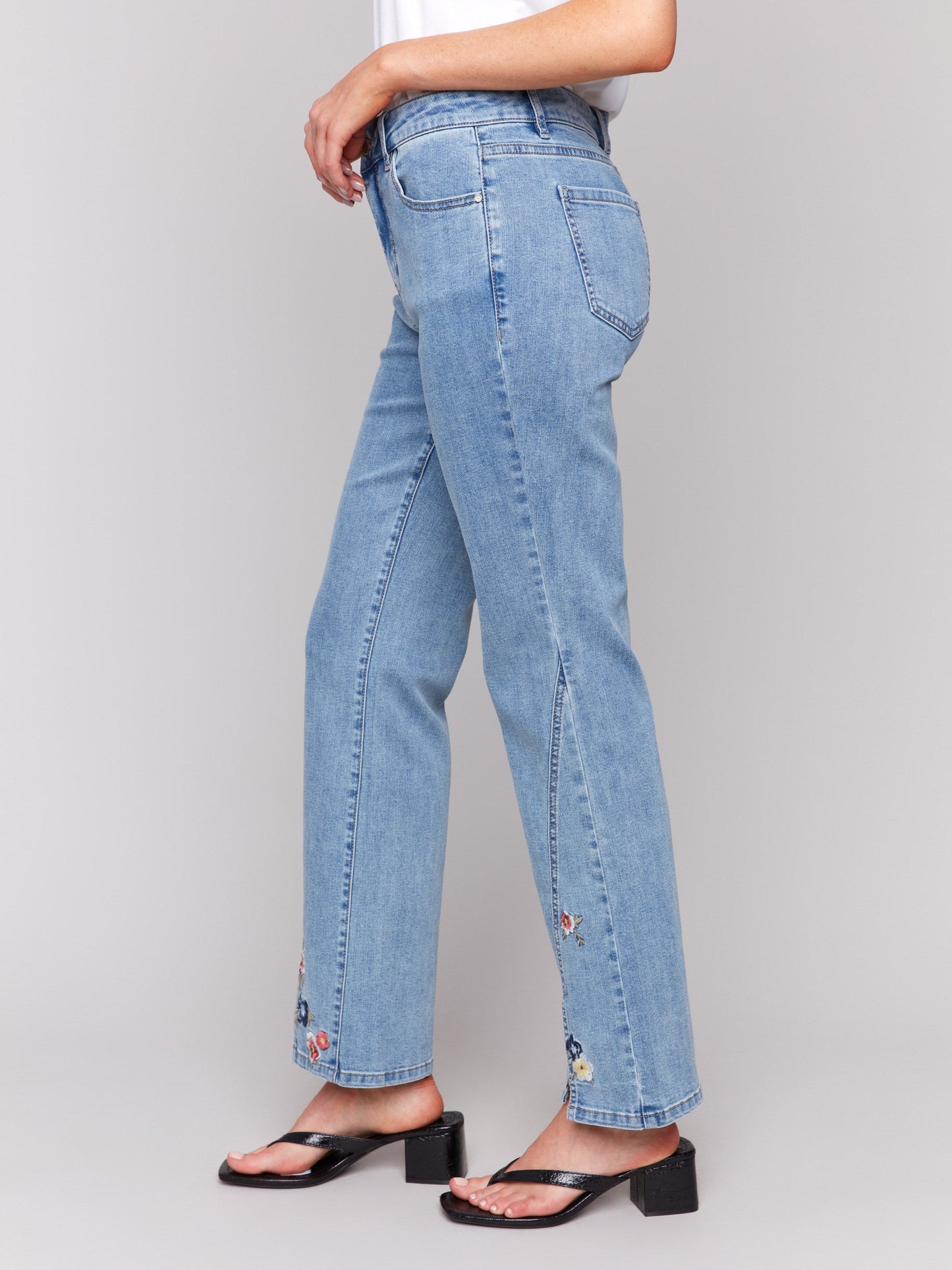 Floral Embroidered Bootcut Jeans - Light Blue