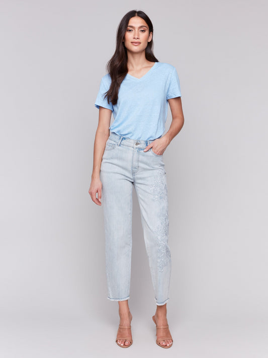 Flower Embroidered Slim Fit Jeans - Bleach Blue