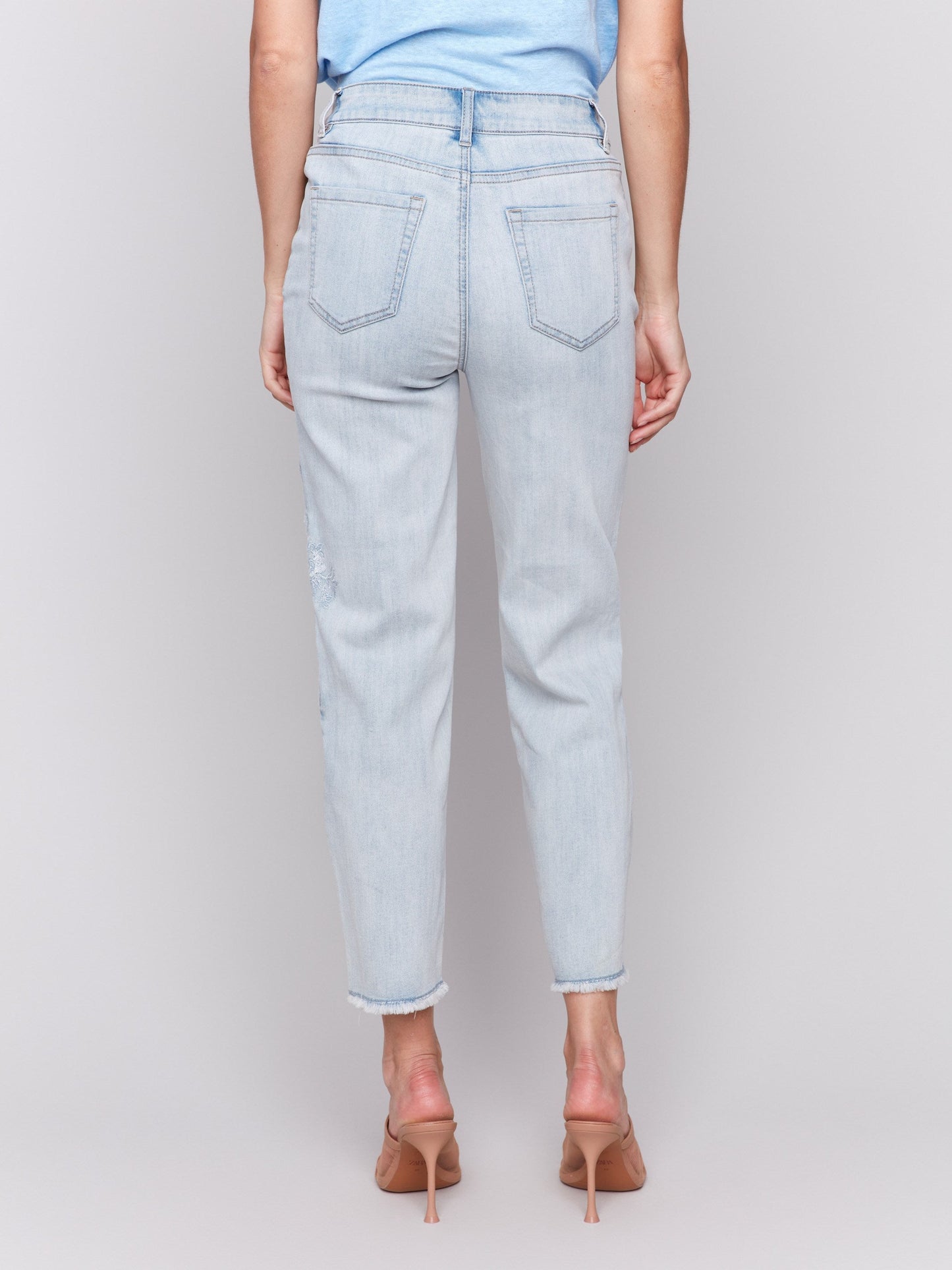 Flower Embroidered Slim Fit Jeans - Bleach Blue