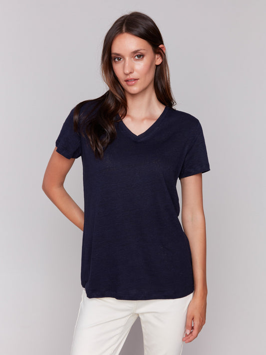 Linen Blend V-Neck T-Shirt - Navy