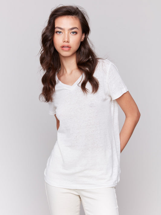 Linen Blend V-Neck T-Shirt - Natural