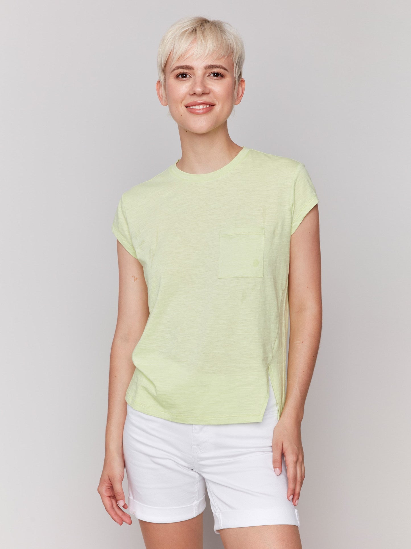 Organic Cotton Cap Sleeve T-Shirt with Slit Detail - Keylime