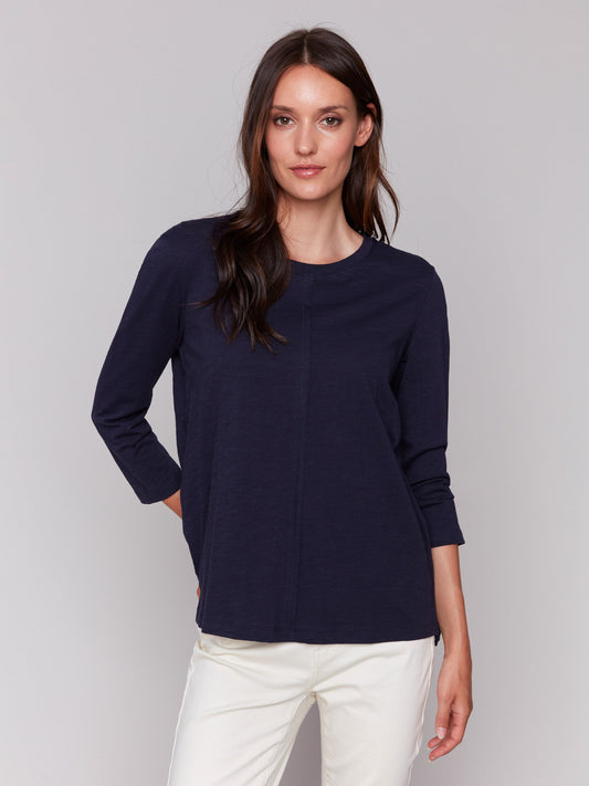 Organic Cotton Slub 3/4 Sleeve Top - Navy