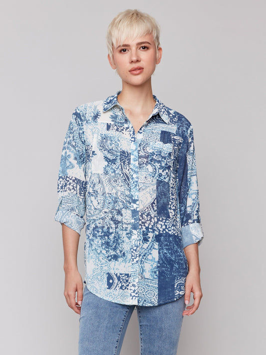 Printed Crinkle Button-Front Blouse - Scarf