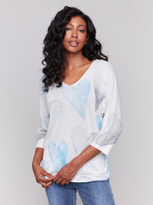 Printed Dolman Sleeve Sweater - Blue