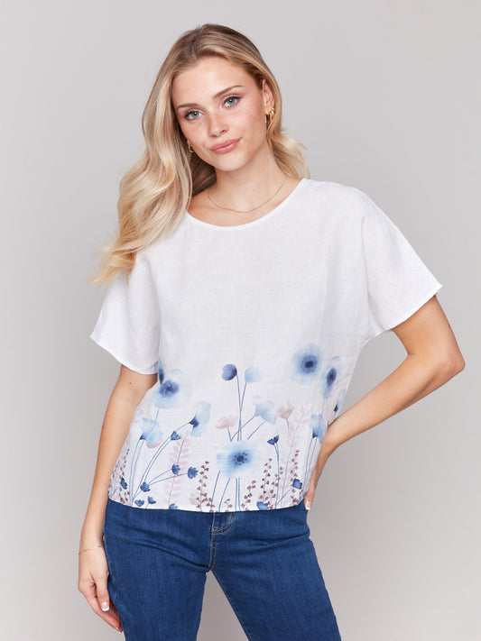 Printed Linen Dolman Top - Field