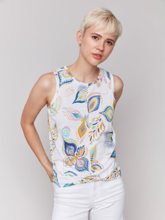 Printed Cotton Slub Tank Top with Knot Detail - Feathers