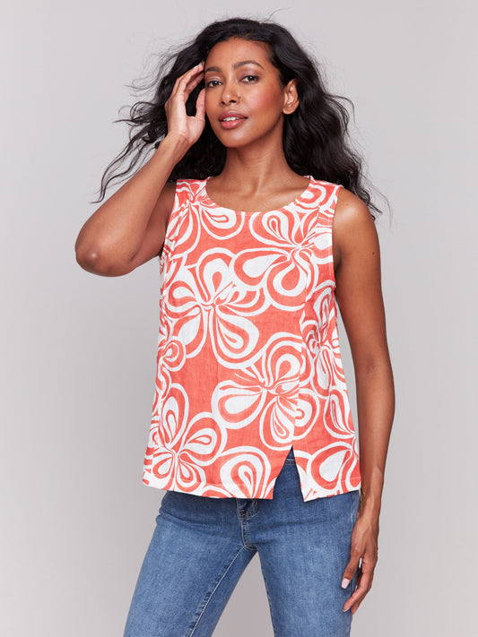 Printed Sleeveless Linen Blend Top with Slit - Coral