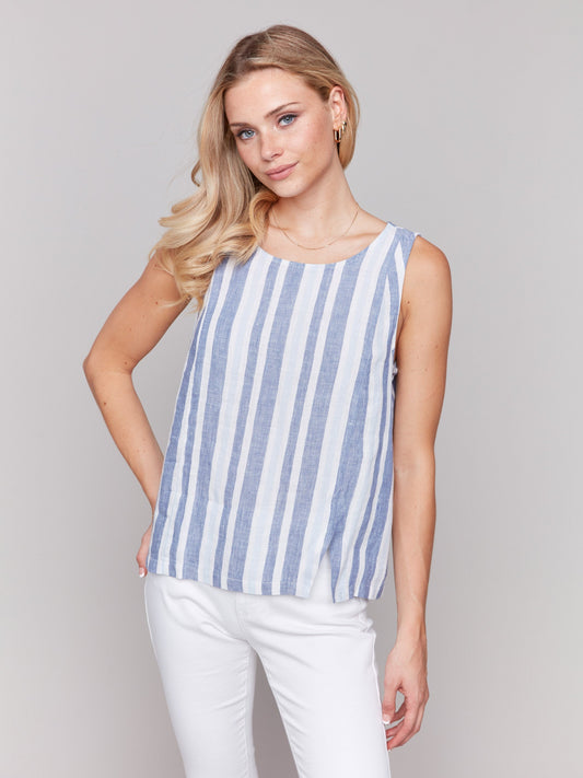 Printed Sleeveless Linen Blend Top with Slit - Stripes