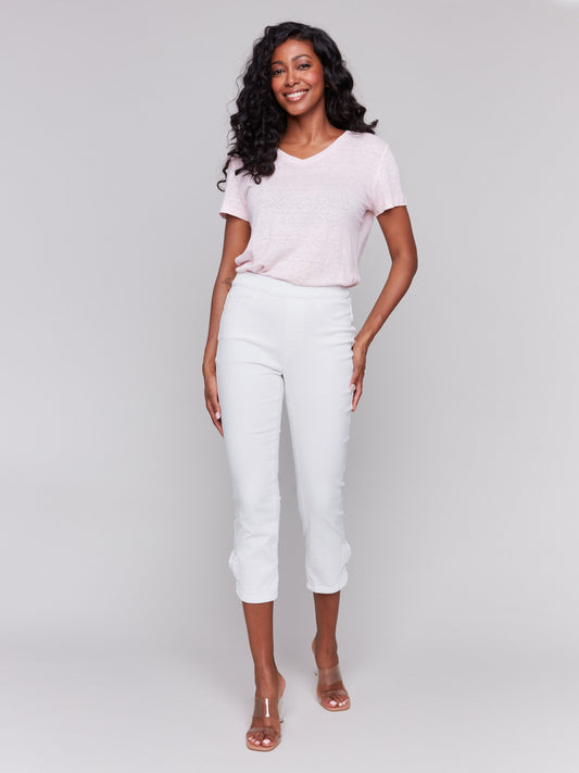 Pull-On Twill Pants with Bow Detail - White