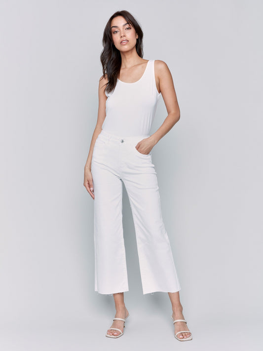 Wide Leg Twill Pants With Raw Edge - White